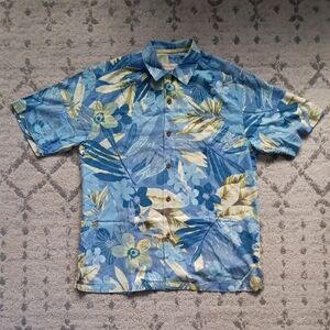 Tommy Bahama Blue and Yellow Floral Shirt S 100% Silk